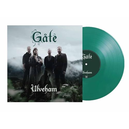Green vinyl record with album cover featuring a band in dark clothing.