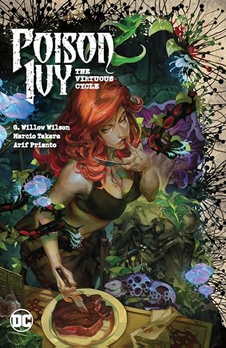 Poison Ivy with red hair sits at a table cutting a piece of meat.
