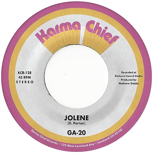 7-inch vinyl record label for GA-20’s “Jolene” with pink and yellow design.