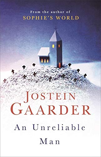 Book cover: a hilltop graveyard with a small church, red text reads "Jostein Gaarder".