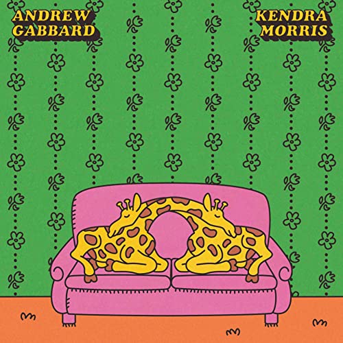 Record album cover with illustrated giraffes on a pink couch, green floral background.