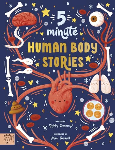 Book cover with illustrated human organs, bones, and title “5 Minute Human Body Stories.”