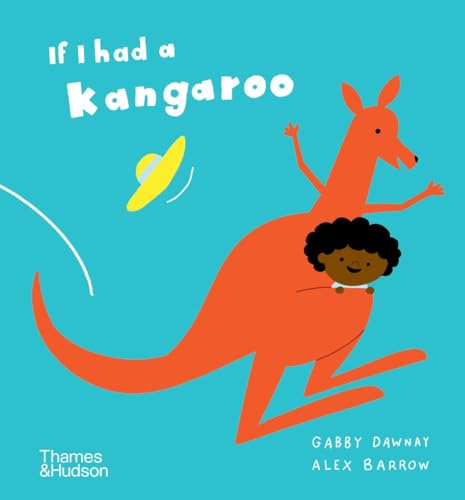 Orange kangaroo with a child riding, wearing a yellow hat floating nearby.