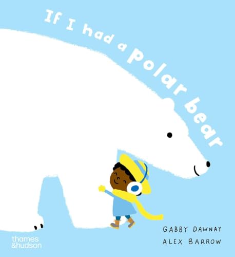 A child wearing a yellow hat and scarf hugs a large white polar bear.