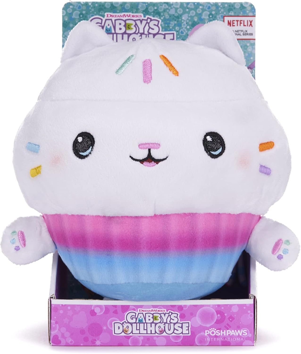 White Gabby cat plush with rainbow details, packaged in cardboard box.