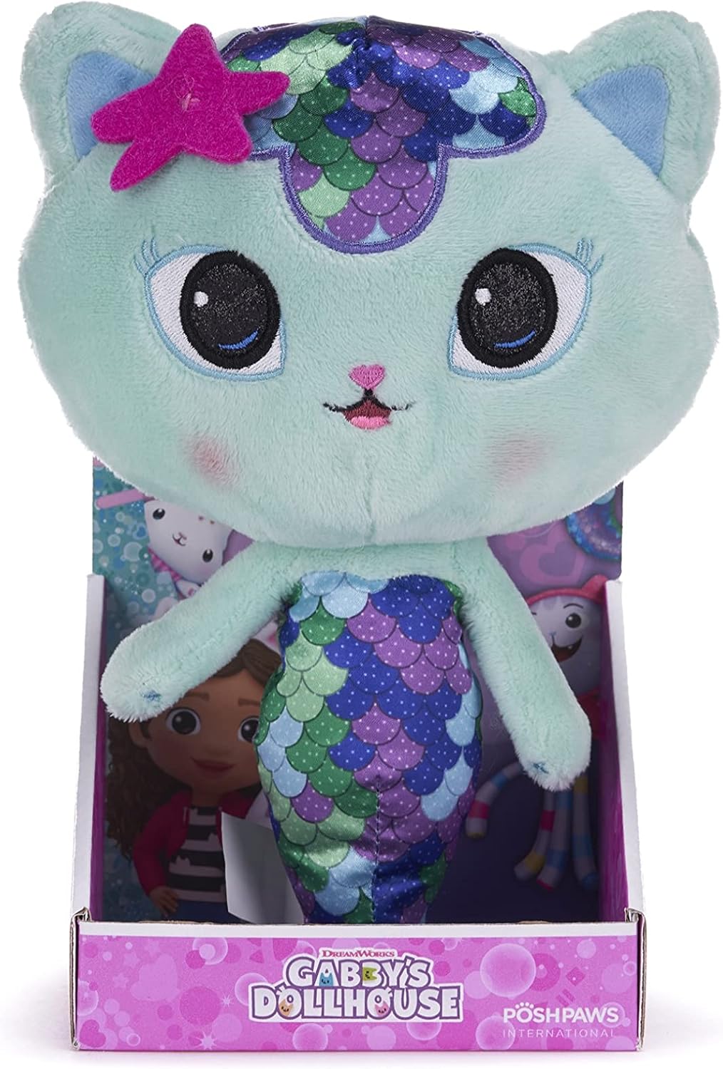 Soft, teal Gabby cat plush with colorful mermaid tail and packaging.