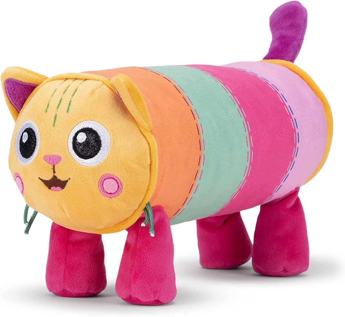 Plush Pillow Cat toy with a yellow face and striped cylindrical body on legs.