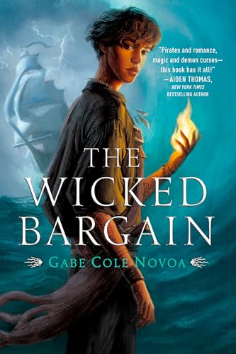 Book cover: woman with flames, pirate ship, stormy sea background.
