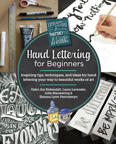 Book cover for "Hand Lettering for Beginners" with lettering examples.