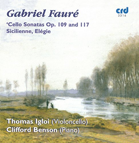 "Album cover with serene landscape painting and blue text listing composer and musical pieces."