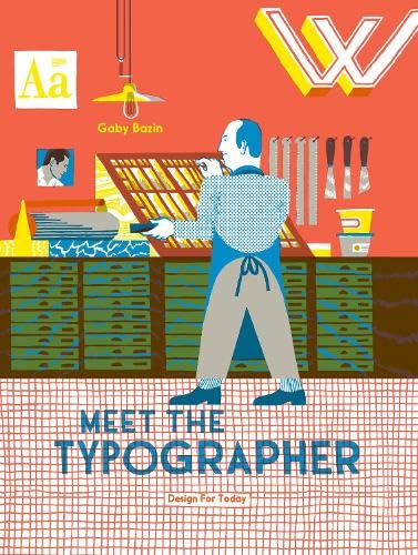 Illustration of a typographer working at a printing press with letterforms.
