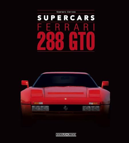 Red Ferrari 288 GTO supercar book cover against a black background.