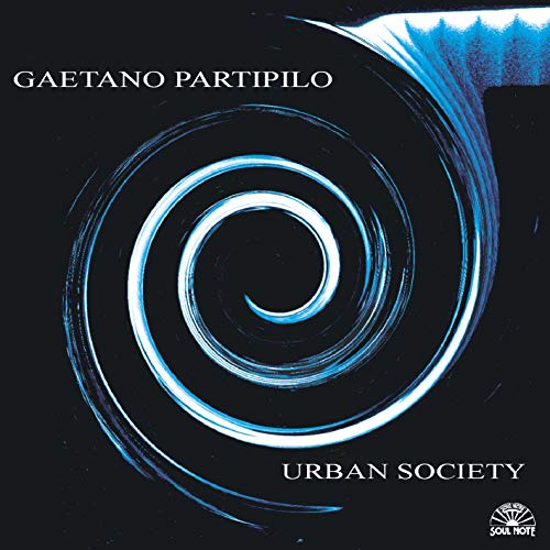CD cover for Gaetano Partipilo’s “Urban Society” with a blue spiral design.