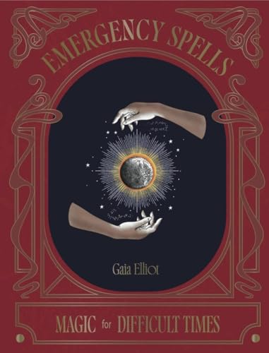 Book cover with red background, ornate gold frame, and hands holding a glowing moon.