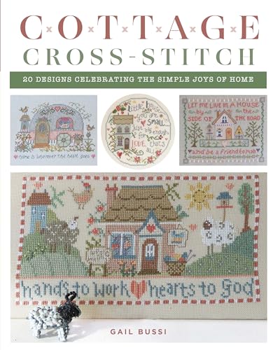 Book cover featuring colorful, detailed cross-stitch designs of houses and flowers.