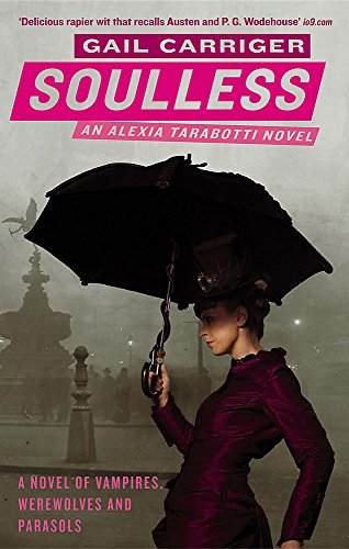 Book cover: woman with parasol and pistol, Victorian London background.