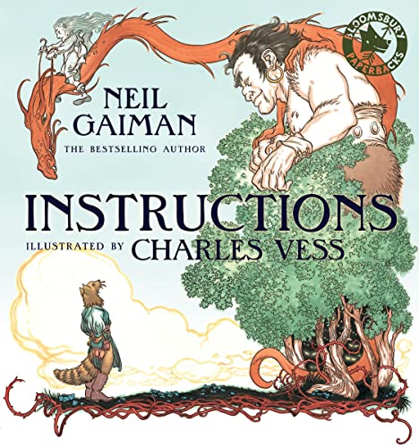 Book cover illustration featuring a giant, a raccoon-like creature, and a long orange dragon.