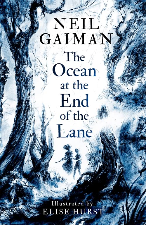 Book cover: “The Ocean at the End of the Lane” with blue-toned forest illustration.