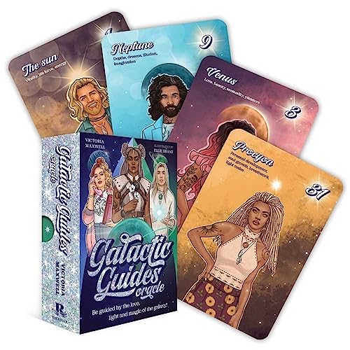 Oracle card deck with illustrated figures and celestial themes.
