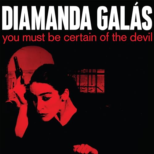 Diamanda Galás album cover with a woman holding a gun, red background.