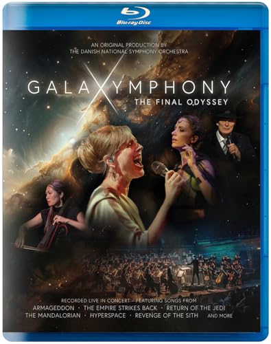 Blu-ray cover featuring singers and an orchestra against a cosmic space background.