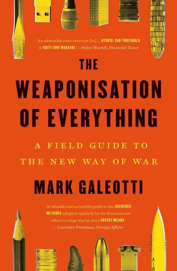 Book cover with orange background and various yellow-toned weapons and objects.