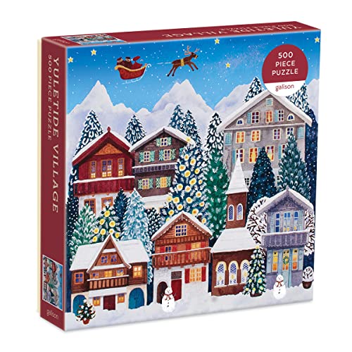 Winter village scene with snowy houses, trees, and Santa’s sleigh.