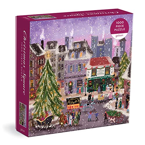 Box for a 1000-piece jigsaw puzzle depicting a snowy Christmas town scene.