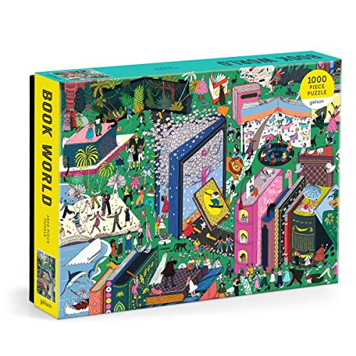 Box for a 1000-piece jigsaw puzzle depicting a colorful, illustrated book world.
