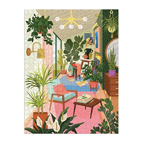 Illustration of a room filled with lush houseplants and warm lighting.