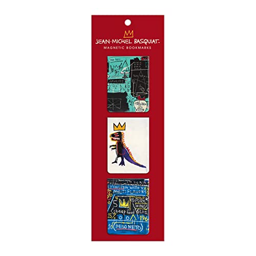 Red bookmark set featuring four colorful artworks by Jean-Michel Basquiat.