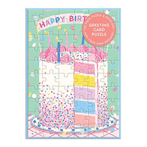 Birthday cake slice puzzle card with colorful layers and sprinkles.