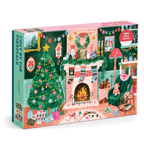 Illustrated puzzle box depicting a decorated room with a fireplace and Christmas tree.