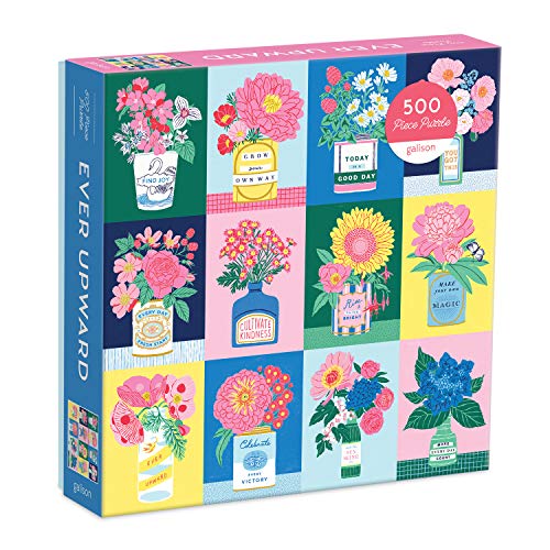 Box for 500-piece puzzle depicting colorful floral arrangements in vases.