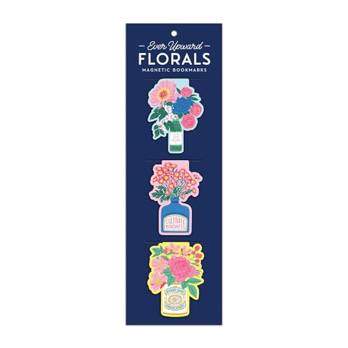 Three floral magnetic bookmarks on a dark blue card.