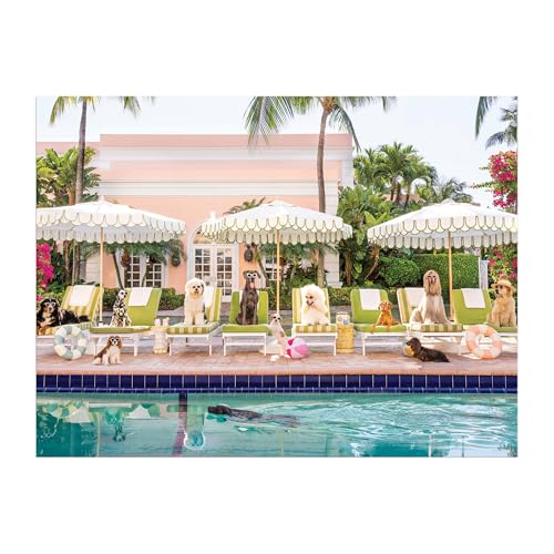 Many dogs sitting on lounge chairs by a pool under large white umbrellas.