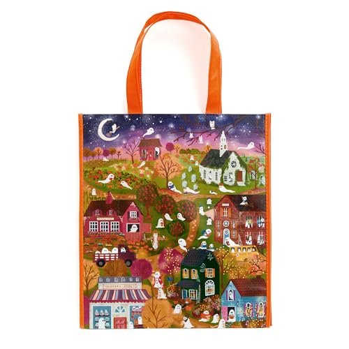 Reusable shopping bag with a colorful, spooky village illustration.