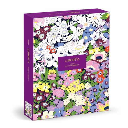 Floral paint by number kit box, purple edges, "Liberty" label.
