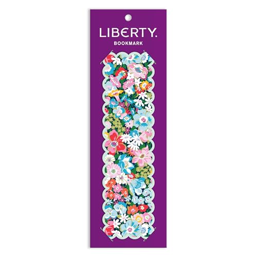 Floral patterned Liberty bookmark with a purple backing and silver trim.