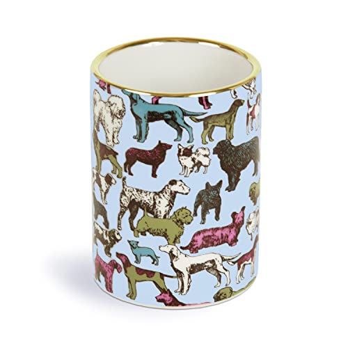 Cylindrical pen pot decorated with a repeating pattern of various dog breeds.
