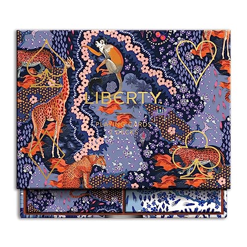 Playing card set with floral and animal print design in navy and orange.