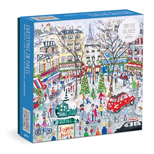 Colorful illustration of a snowy Parisian street scene at Christmas.