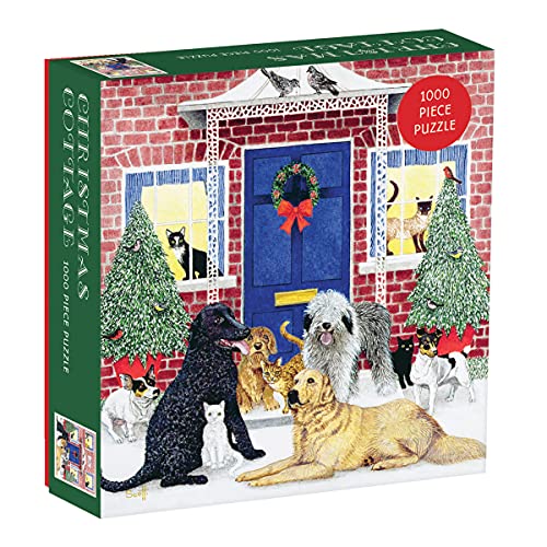 Christmas cottage puzzle box with dogs, cats, and a decorated doorway.