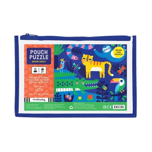 Rainforest animals illustrated on a 12-piece puzzle in a blue zippered pouch.