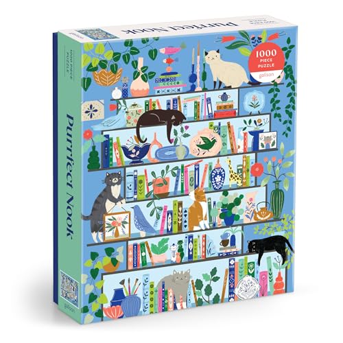 Puzzle box depicting a blue bookshelf filled with cats and plants.