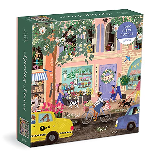 Colorful street scene puzzle in a square box, 1000 pieces.