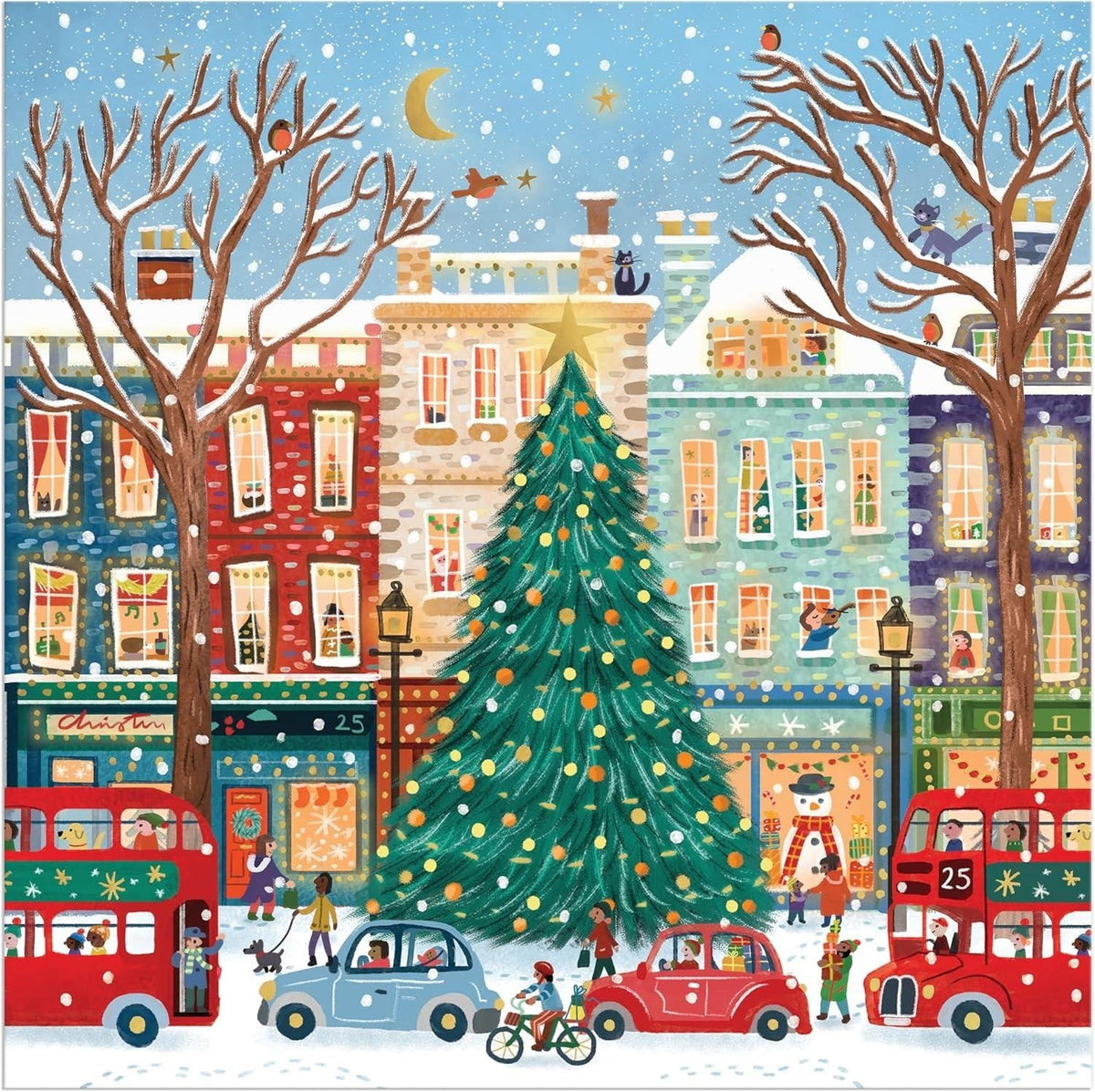 Snowy city street scene with a Christmas tree and red buses.