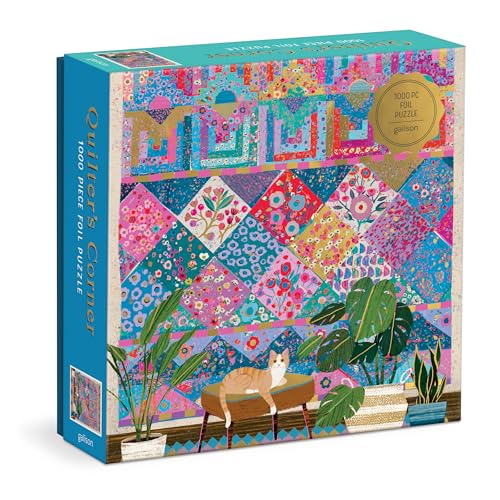 Box for 1000-piece foil puzzle depicting a quilted room with a cat.