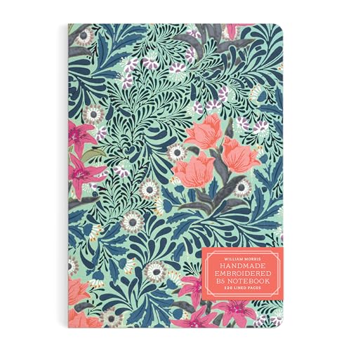 B5 journal with a teal and navy floral embroidered pattern.