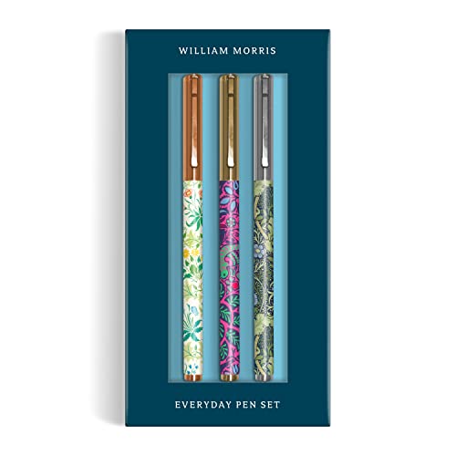 Three William Morris patterned pens in a rectangular teal display box.